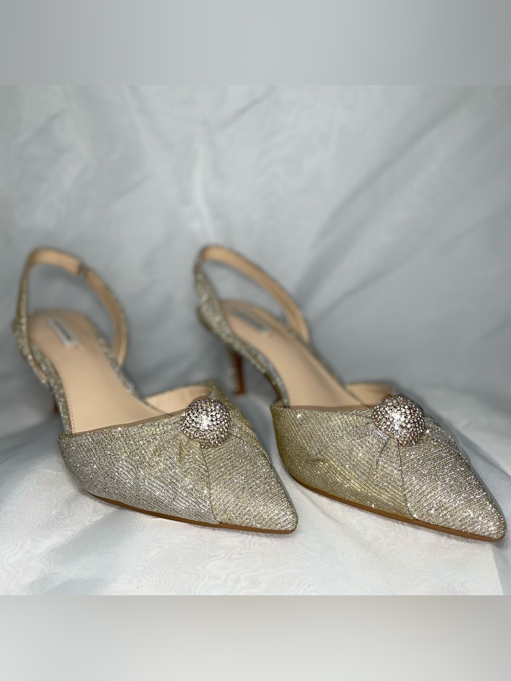Alex Marie Gold Glitter Pointed-Toe Slingback Heels with Crystal Button